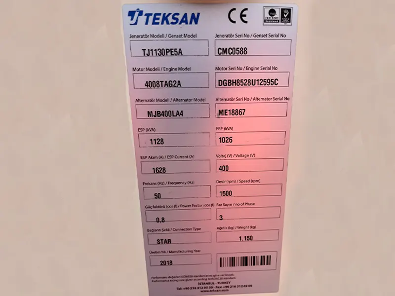 Used Teksan 1128kVA Diesel Generator