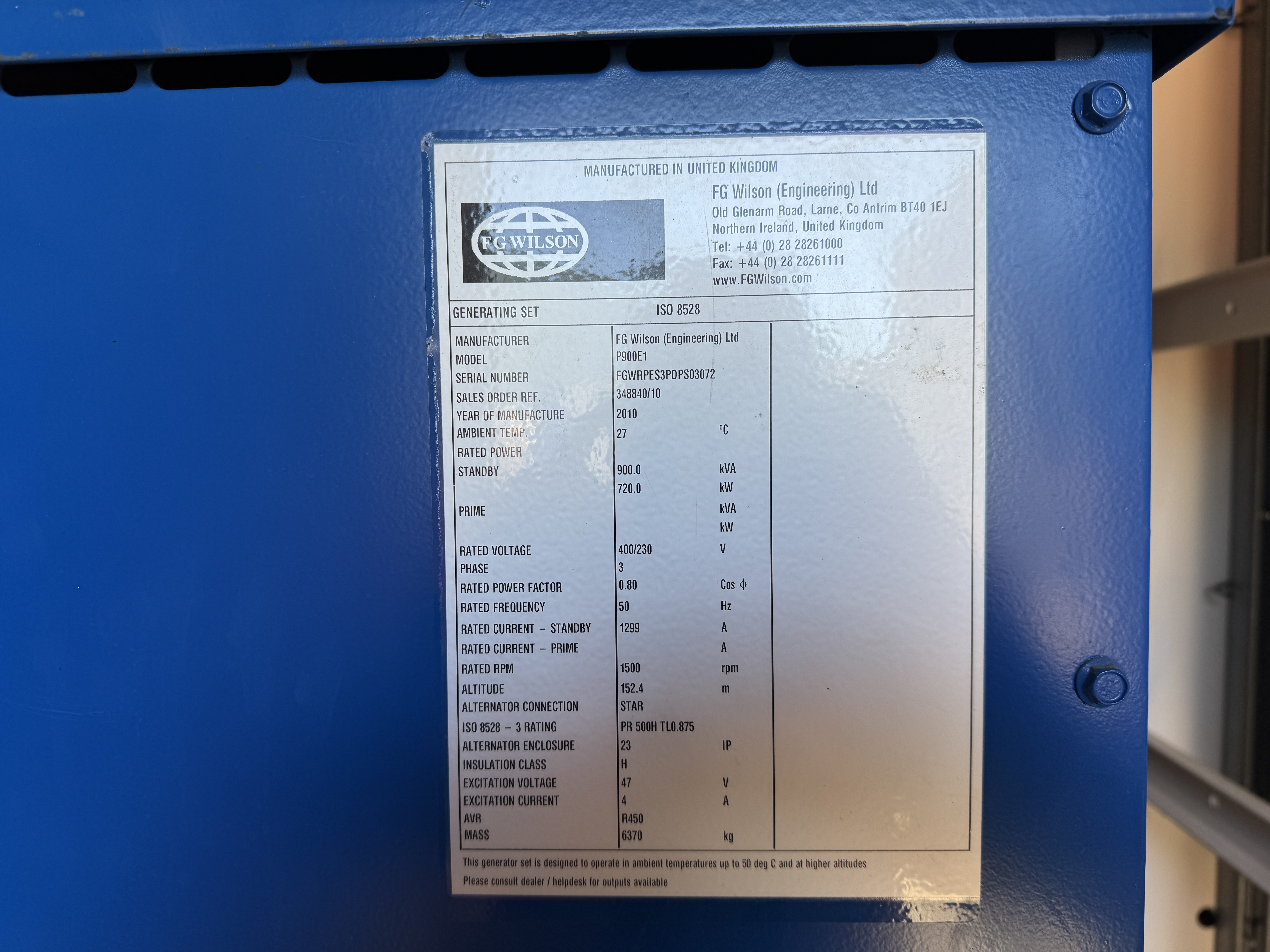 Used FG Wilson Perkins 900kVA 720kW Diesel Generator XP85010