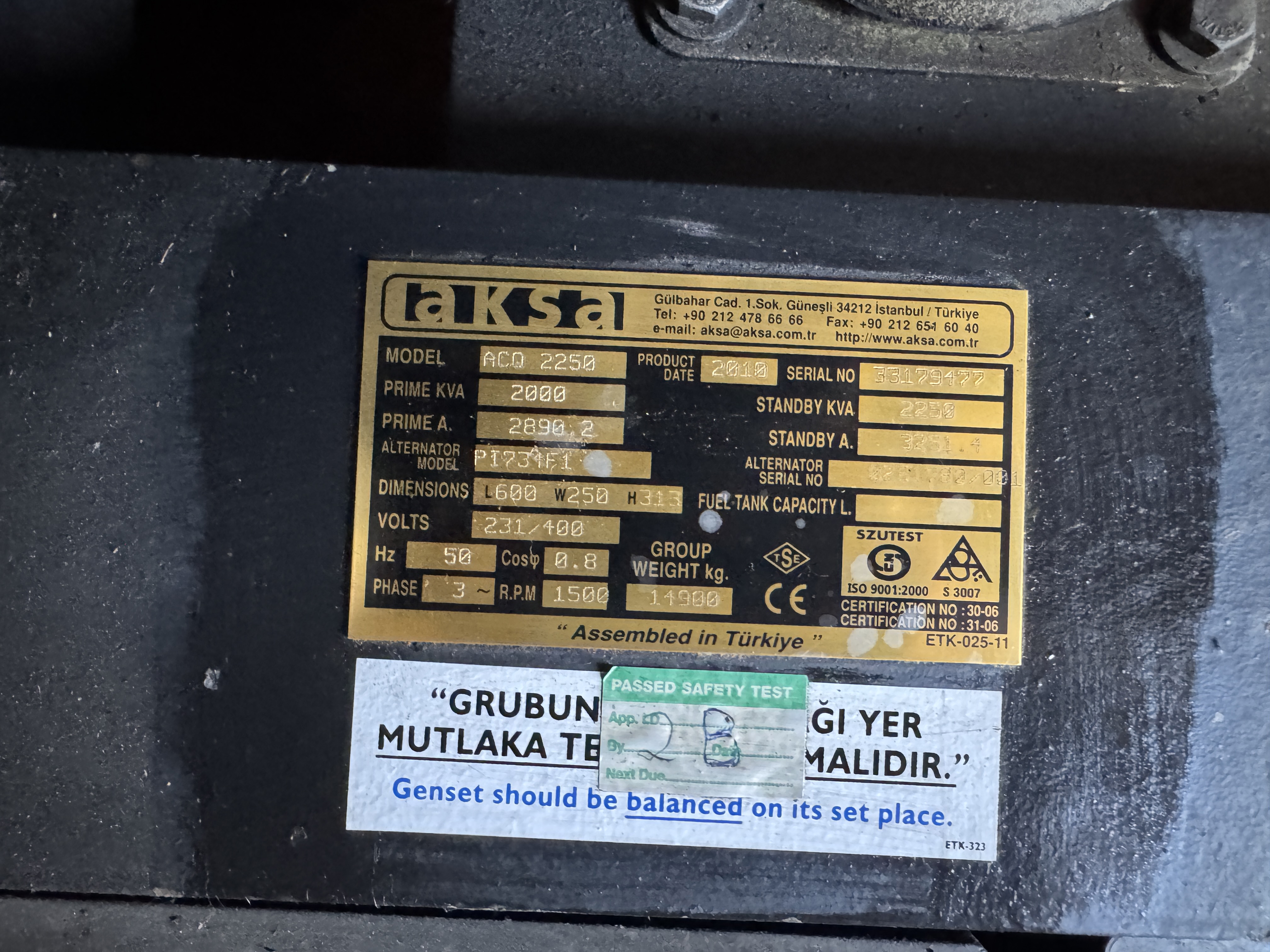 Used AKSA Cummins 2250kVA 1800kW Diesel Generator XP22505
