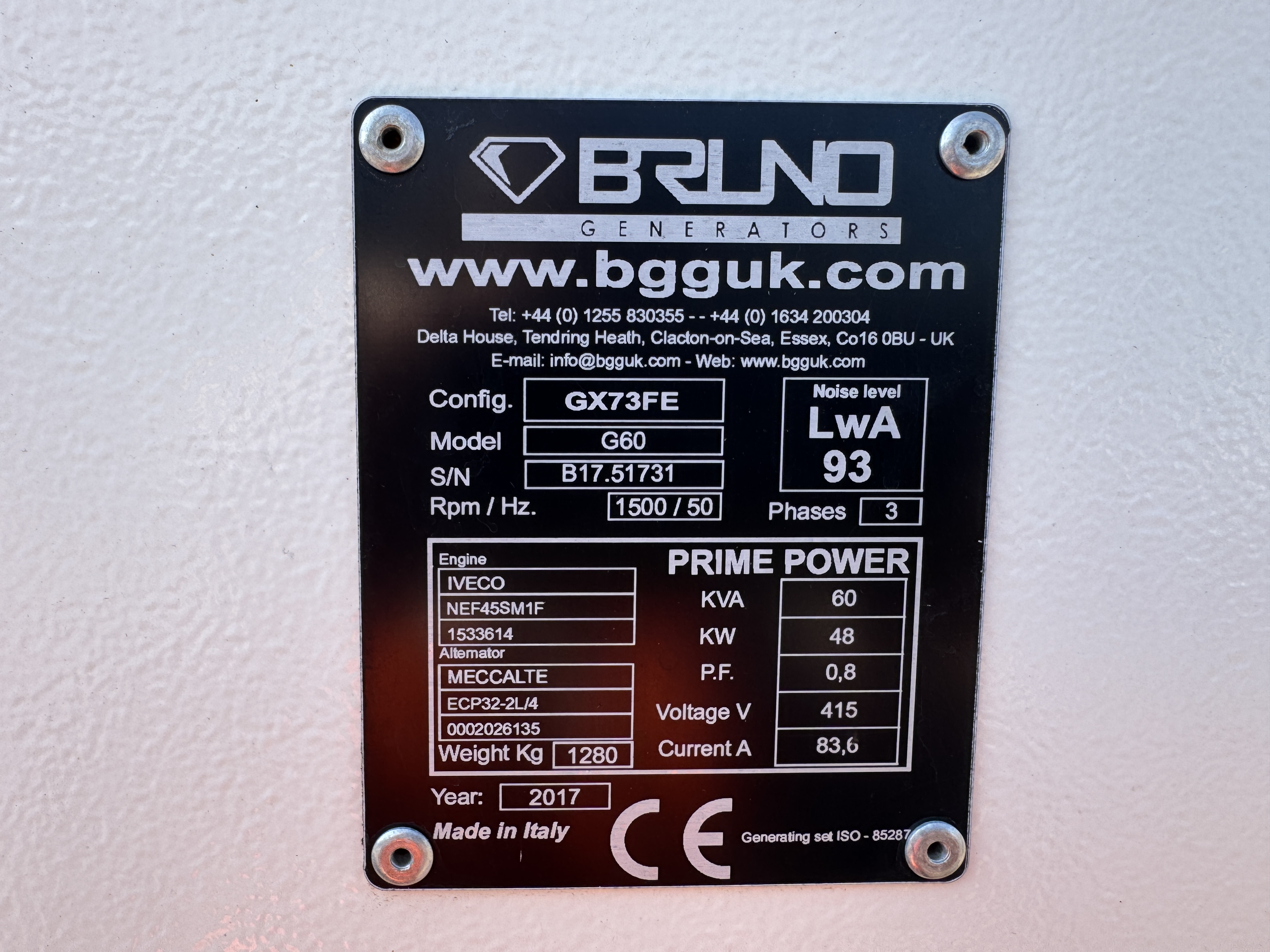 Used Bruno FPT 68kVA 54kW Diesel Generator XP65363
