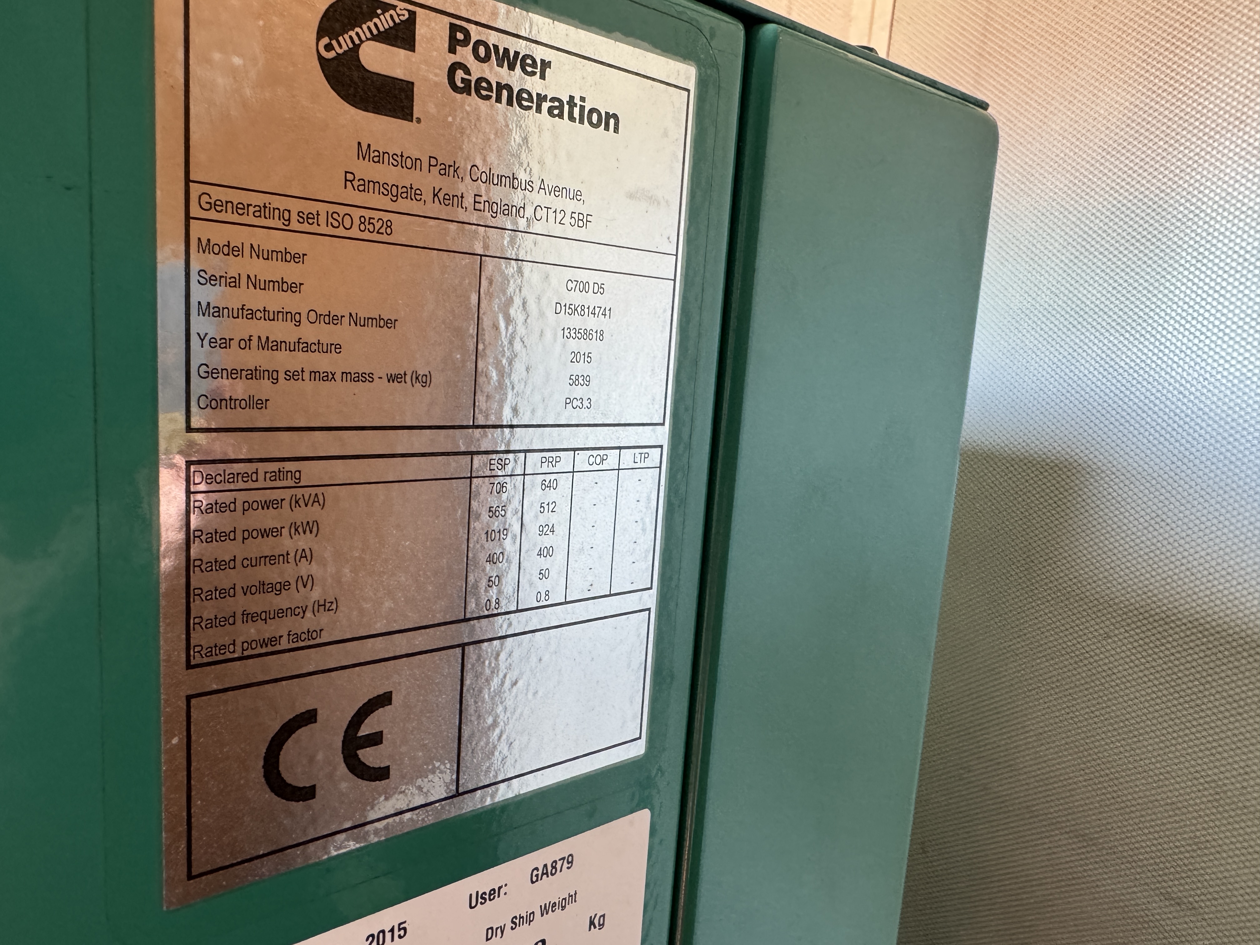 Used Cummins 706kVA 565kW Diesel Generator XP70019