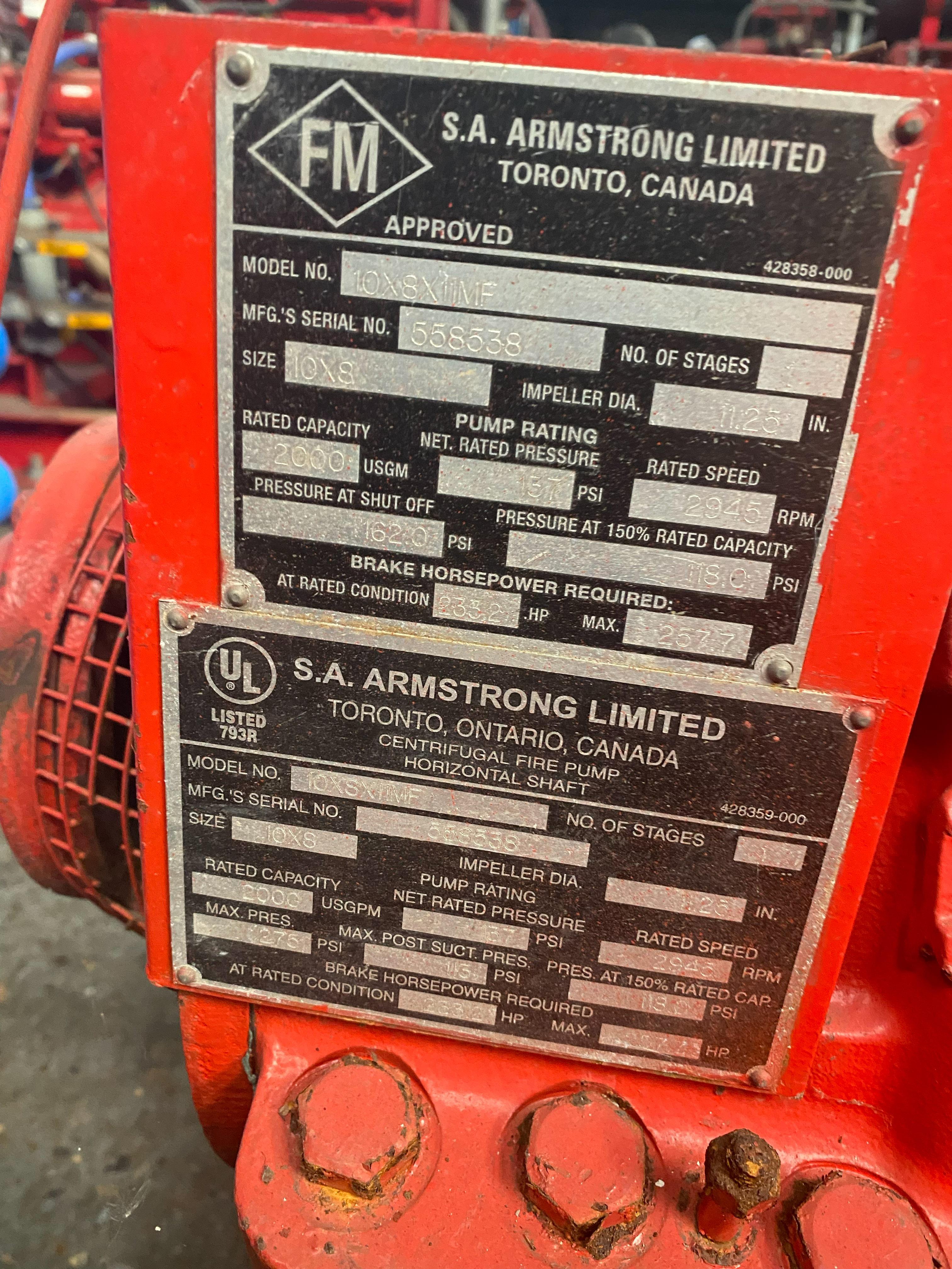 Used Armstrong 10X8X11MF 4600F Fire Pump XSP9853 for sale